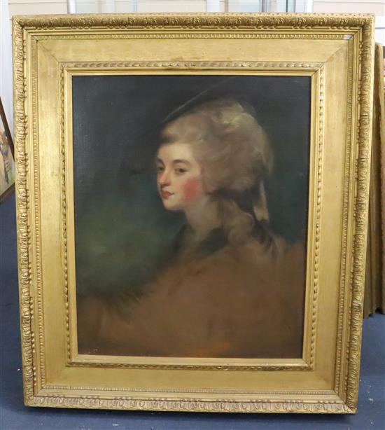 After Sir Joshua Reynolds (1723-1792) Head and shoulder portrait of Georgiana Spencer, Duchess of Devonshire 27.5 x 22.5in.